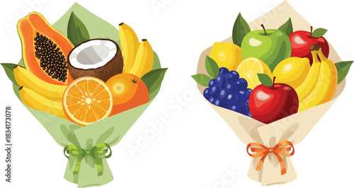 Fruit bouquet illustration, healthy gift, tropical arrangement, banana bunch, citrus slices, papaya decor, apple cluster, creative wrapping, nutritious concept, edible art