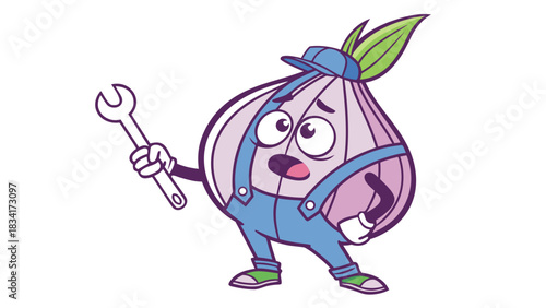 A cartoon depicting an onion as a mechanic, wearing blue overalls, holding a wrench, and sporting a cheerful expression, isolated against a white background.