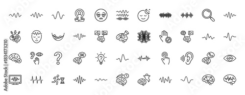 Neuroscience and mental state line icon set. Vector pictograms of brain activity, sleep, thinking, senses, and neural networks, thin outline illustration.