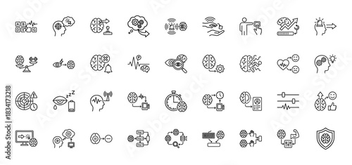 Neuroscience line icon set. Vector pictograms of brain health, concentration, memory, and cognitive process, thin outline illustration.