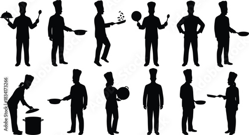 Professional chef cooking silhouettes collection, male and female culinary artists preparing food, holding pans, serving dishes, various action poses, detailed vector illustration set for restaurant 