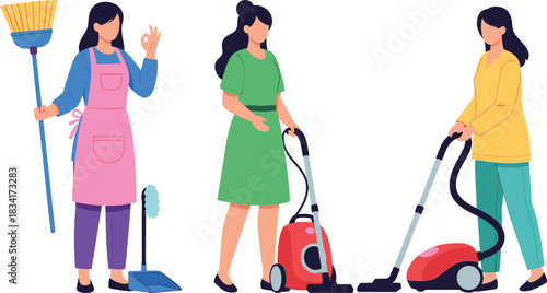 Women cleaning house vector illustration set with broom dustpan and vacuum cleaners household chores