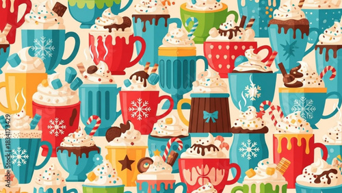 A festive and colorful collection of hot chocolate mugs filled with whipped cream sprinkles candy canes and chocolate toppings perfect for winter holiday celebrations