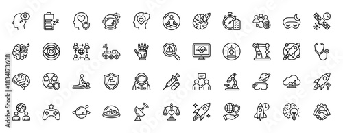 Science, technology, and futuristic concepts line icon set. Vector pictograms of robotics, space travel, medicine, and human well-being, thin outline illustration.