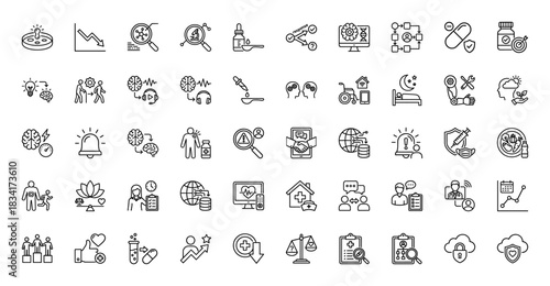 Medical and healthcare line icon set. Vector pictograms of research, brain activity, disability, vaccination, and support, thin outline illustration.