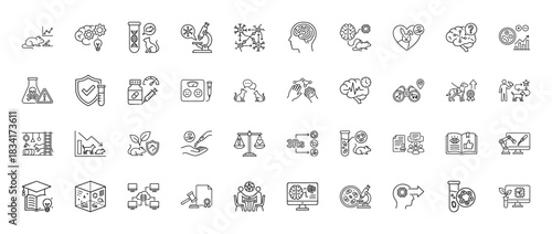 Animal testing and research icon set. Vector pictograms of lab rat, microscope, brain, dna, scales, and scientific study, thin outline illustration.