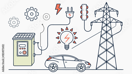 Electric Vehicle Charging Station Connected to Power Grid Flat Line Illustration