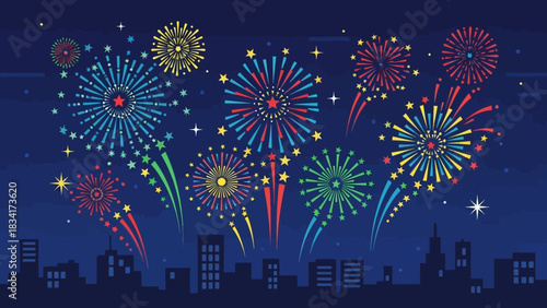 A dazzling array of colorful fireworks illuminating the night sky above a silhouetted city, capturing the spirit of celebration and joyous festivities