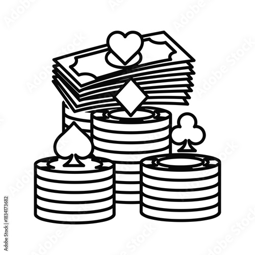Gambling Elements: Stacks of Poker Chips and Money with Card Suits Outline Icon