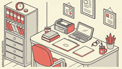 Isometric office desk with laptop, printer, books, and stationery.