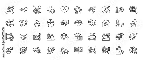 Technology and innovation line icon set. Vector pictograms of ai, health, industry, science, and education, thin outline illustration.