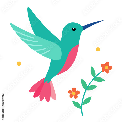 Cute Hummingbird Hovering Near Flowers Vector Illustration 