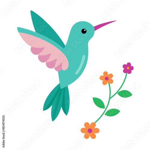 Cute Hummingbird Hovering Near Flowers Vector Illustration 