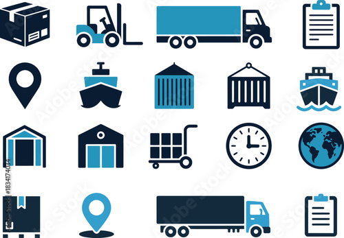 logistics and transportation icons vector set featuring delivery, shipping and supply chain symbols ideal for freight services and business workflows.