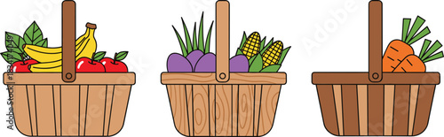 Wooden baskets with fruits and vegetables vector illustration set featuring fresh organic produce for market and farm