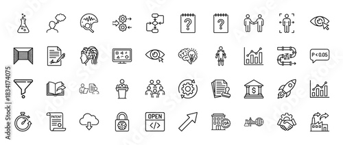 Research and development line icon set. Vector pictograms of science flask, brain, analytics chart, patent, rocket, handshake, thin outline illustration.