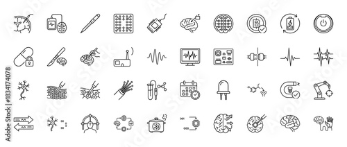 Neurotechnology and biotechnology line icon set. vector pictograms of brain, circuit board, neuron, robot, and microchip, thin outline illustration.