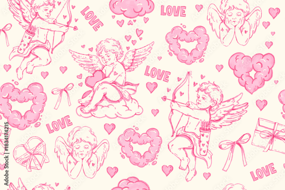 Obraz premium Valentine day seamless pattern, love romantic repeat texture, February holiday pink wrapping paper. Wedding trendy watercolor background, cute little cupid, cloud heart. Valentine pattern doodle print