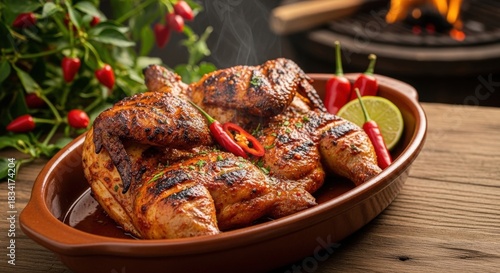Grilled Cape Verdean Frango Grelhado with Piri-Piri – Juicy Charred Chicken in Ceramic Dish, Sunset Lighting