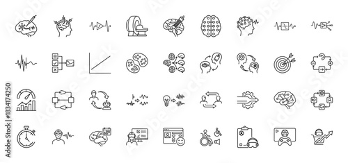 Neuroscience and cognitive psychology line icon set. Vector pictograms of brain activity, mri, research, and learning, thin outline illustration.