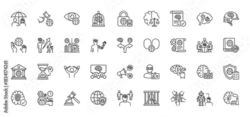 Neurolaw and brain rights line icon set. Vector pictograms of decision-making, security, contract, and justice, thin outline illustration.