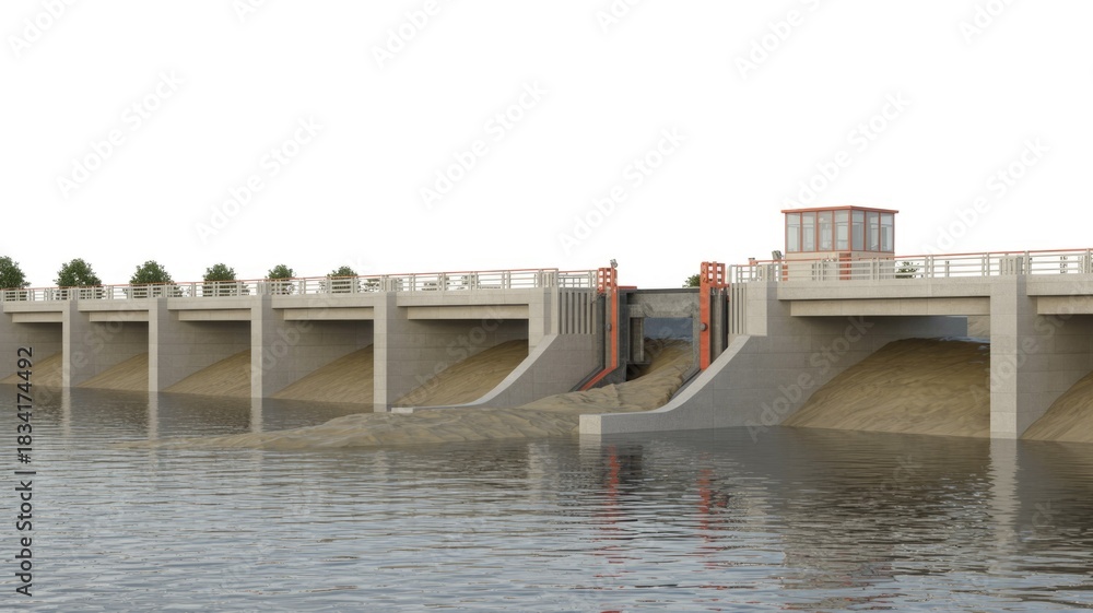 Naklejka premium A modern concrete dam featuring multiple sluice gates, with turbulent water discharging through one, a control building, and trees lining the top.