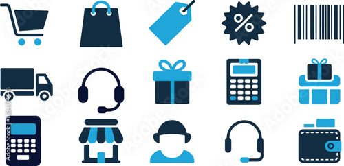 ecommerce online shopping icons vector set featuring retail, delivery, marketing and storefront symbols perfect for websites, apps and modern business branding.