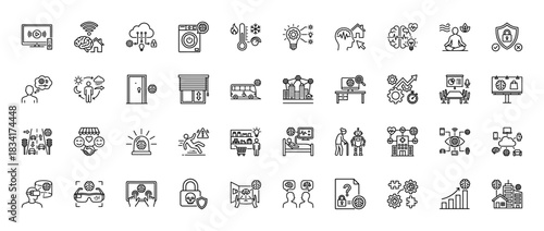 Internet of things line icon set. Vector pictograms of smart home, city, security, ai, and data analysis concepts, thin outline illustration.