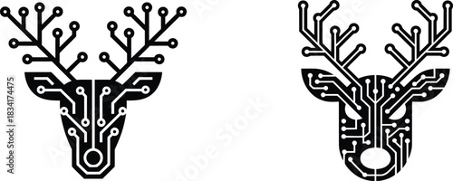 deer head circuit board vector illustration merging technology with wildlife through a reindeer silhouette formed from digital circuitry for unique futuristic design.