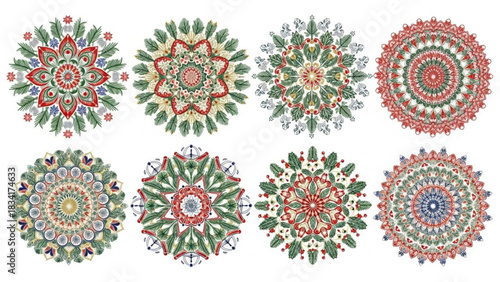 Collection of eight intricate circular mandala designs featuring traditional christmas motifs like pine needles holly berries and festive colors in red green and blue for holiday decorations