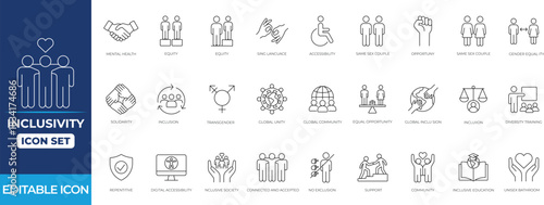 Inclusivity editable line icon set featuring equality, accessibility, community, diversity, human, race, society, support, and universal representation symbols.