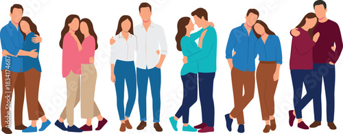 Romantic couples hugging set, diverse male and female partners embracing, standing close, showing affection, various loving action poses, detailed vector illustration for dating, relationship, design.