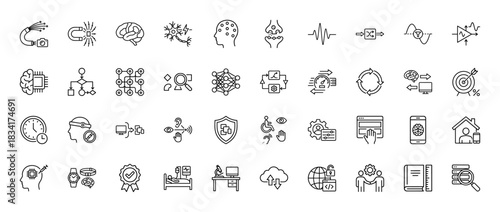 Artificial intelligence and technology line icon set. Vector pictograms of brain, neural network, machine learning, algorithm, processor, synapse, thin outline illustration.