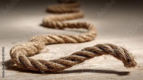 Strong twisted hemp rope snaking across a wooden surface with shallow depth of field, representing connection, strength, and nautical themes.