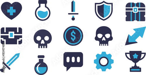 game development assets rpg icon set featuring potions, swords, shields and treasure elements ideal for ui design and adventure-themed games.
