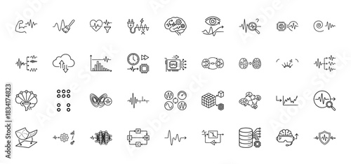 Data science and neural network line icon set. Vector pictograms of brain activity, signal analysis, machine learning, and hardware, thin outline illustration.