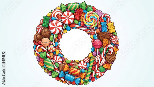 A vibrant and colorful circular arrangement of various candies lollipops gummy bears and chocolates forming a festive wreath shape against a light blue gradient background