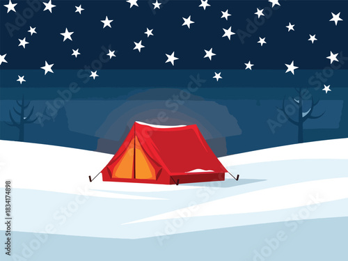 Red tent illuminated in a snowy starlit winter landscape at night