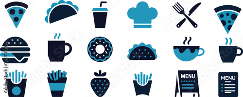 food icons vector set featuring pizza, burger, taco, fries, coffee and dessert items crafted for menu design, food delivery apps and restaurant branding.