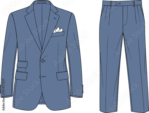Men's Classic Blue Suit Technical Fashion Drawing, Two-piece Business Formal Wear CAD Flat Vector Template for Apparel Design and Production
