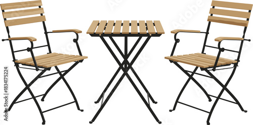 Wooden folding outdoor bistro furniture vector illustration set with two chairs and compact patio table