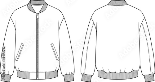 Oversized Bomber Jacket Technical Fashion Drawing, CAD Flat Vector Illustration, Streetwear Apparel Template for Design and Production, Blank Garment Mockup