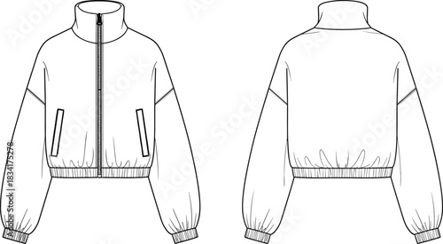 Oversized cropped bomber jacket technical fashion flat sketch vector illustration with high neck collar, long sleeves, zipper, and elastic hem detail, front and back view