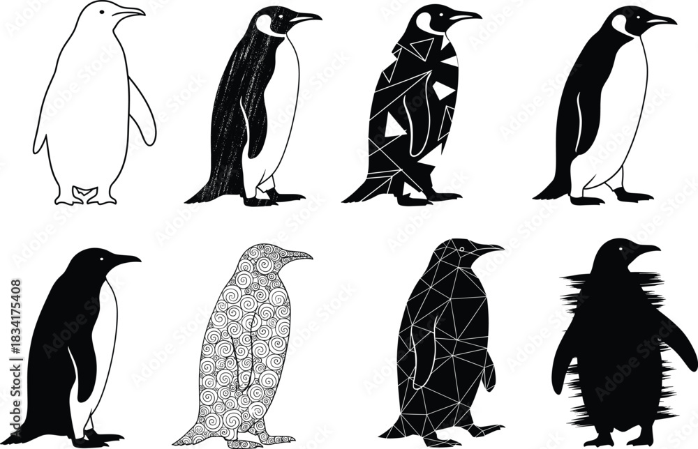 Naklejka premium Set of black and white emperor penguin vector illustrations, featuring outline, geometric, patterned, and silhouette styles, creative animal graphics bundle, isolated on white