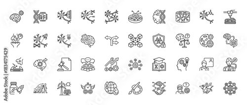 Science and technology line icon set. Vector pictograms of brain, dna, neuron, blockchain, and artificial intelligence, thin outline illustration.