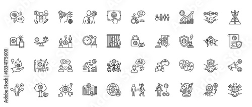 Artificial intelligence, ethics, and social impact line icon set. Vector pictograms of brain, data, gender, and security, thin outline illustration.