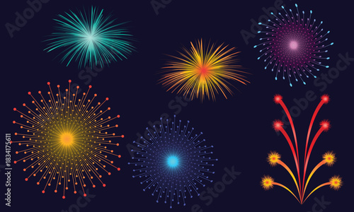set of fireworks in the night sky vector illustration