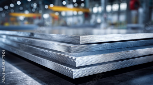 A stack of shiny metal sheets in an industrial setting with blurred background