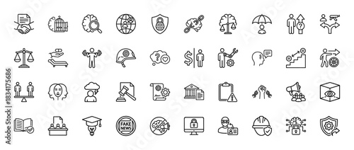 Ethics and integrity line icon set. vector pictograms of law, security, knowledge, and justice, thin outline illustration.