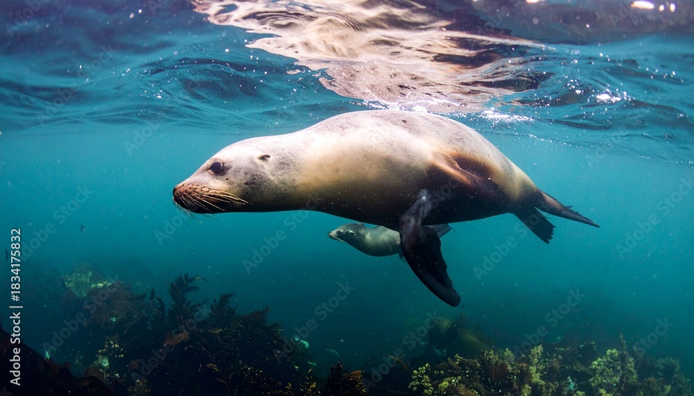 Obraz premium California sea lions swim just below the ocean surface near dark underwater kelp and rocky growth